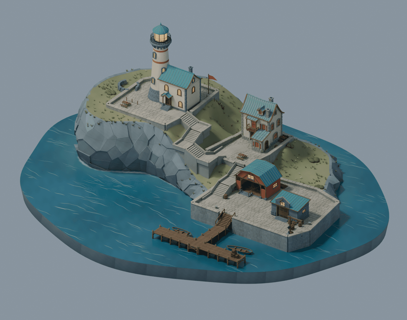 Stormglass, a small coastal world with a lighthouse, cliffside buildings, stone steps, and a wooden dock surrounded by blue water.